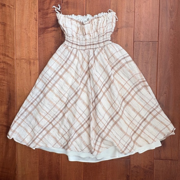 Vintage Gianni Bini Strapless Linen Dress Size 10 Brown/cream Plaid - Picture 2 of 8